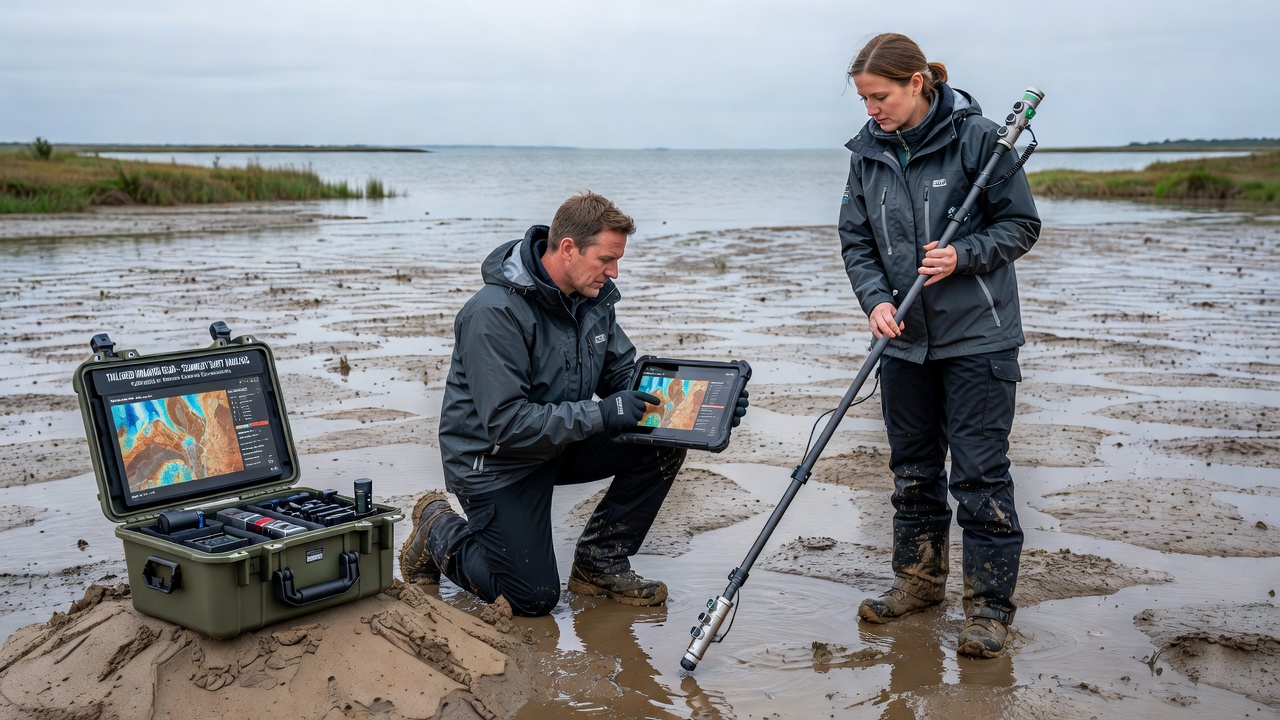 Processed multispectral imagery revealing sediment deposition zones in an estuary channel during a seasonal monitoring campaign